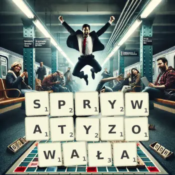 Kreatywna ilustracja do gry w Scrabble ze słowem SPRYWATYZOWAŁA ułożonym z płytek na planszy.
