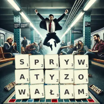 Kreatywna ilustracja do gry w Scrabble ze słowem SPRYWATYZOWAŁAM ułożonym z płytek na planszy.