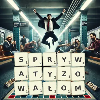 Kreatywna ilustracja do gry w Scrabble ze słowem SPRYWATYZOWAŁOM ułożonym z płytek na planszy.