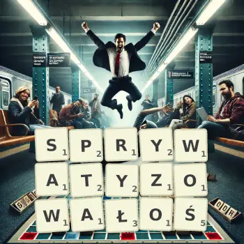 Kreatywna ilustracja do gry w Scrabble ze słowem SPRYWATYZOWAŁOŚ ułożonym z płytek na planszy.