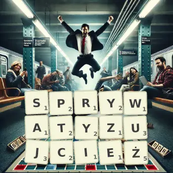 Kreatywna ilustracja do gry w Scrabble ze słowem SPRYWATYZUJCIEŻ ułożonym z płytek na planszy.