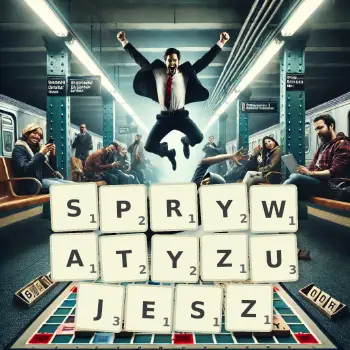 Kreatywna ilustracja do gry w Scrabble ze słowem SPRYWATYZUJESZ ułożonym z płytek na planszy.