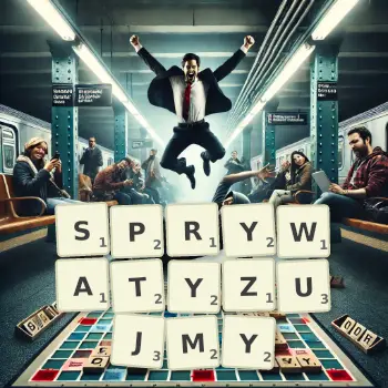 Kreatywna ilustracja do gry w Scrabble ze słowem SPRYWATYZUJMY ułożonym z płytek na planszy.