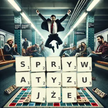 Kreatywna ilustracja do gry w Scrabble ze słowem SPRYWATYZUJŻE ułożonym z płytek na planszy.