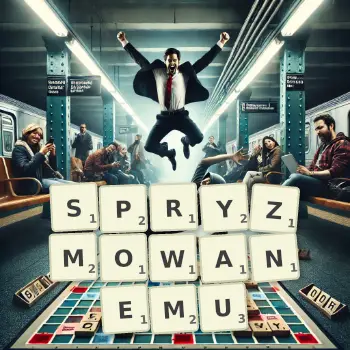 Kreatywna ilustracja do gry w Scrabble ze słowem SPRYZMOWANEMU ułożonym z płytek na planszy.