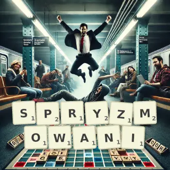 Kreatywna ilustracja do gry w Scrabble ze słowem SPRYZMOWANI ułożonym z płytek na planszy.