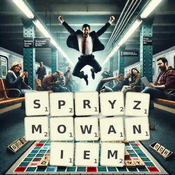 Kreatywna ilustracja do gry w Scrabble ze słowem SPRYZMOWANIEM ułożonym z płytek na planszy.