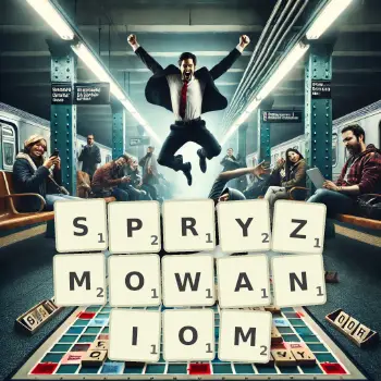 Kreatywna ilustracja do gry w Scrabble ze słowem SPRYZMOWANIOM ułożonym z płytek na planszy.