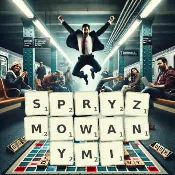 Kreatywna ilustracja do gry w Scrabble ze słowem SPRYZMOWANYMI ułożonym z płytek na planszy.