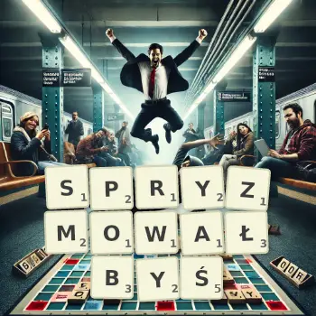 Kreatywna ilustracja do gry w Scrabble ze słowem SPRYZMOWAŁBYŚ ułożonym z płytek na planszy.