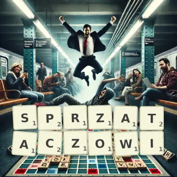 Kreatywna ilustracja do gry w Scrabble ze słowem SPRZATACZOWI ułożonym z płytek na planszy.