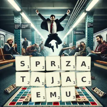 Kreatywna ilustracja do gry w Scrabble ze słowem SPRZATAJACEMU ułożonym z płytek na planszy.
