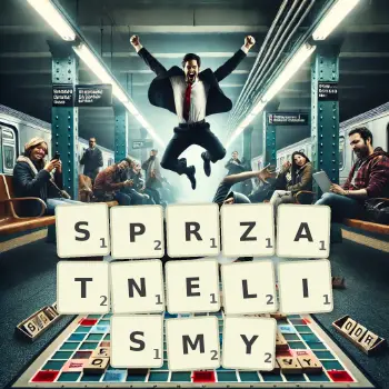 Kreatywna ilustracja do gry w Scrabble ze słowem SPRZATNELISMY ułożonym z płytek na planszy.