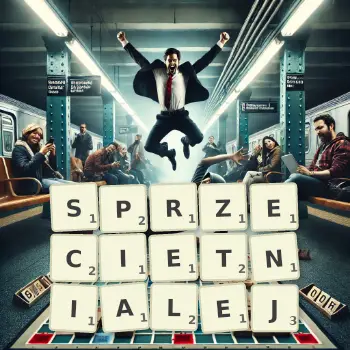 Kreatywna ilustracja do gry w Scrabble ze słowem SPRZECIETNIALEJ ułożonym z płytek na planszy.
