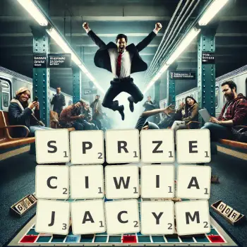 Kreatywna ilustracja do gry w Scrabble ze słowem SPRZECIWIAJACYM ułożonym z płytek na planszy.