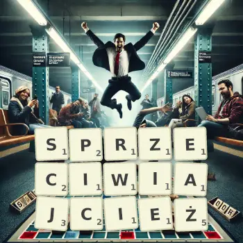 Kreatywna ilustracja do gry w Scrabble ze słowem SPRZECIWIAJCIEŻ ułożonym z płytek na planszy.