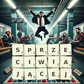 Kreatywna ilustracja do gry w Scrabble ze słowem SPRZECIWIAJĄCEJ ułożonym z płytek na planszy.