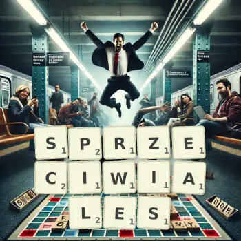 Kreatywna ilustracja do gry w Scrabble ze słowem SPRZECIWIALES ułożonym z płytek na planszy.