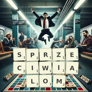 Kreatywna ilustracja do gry w Scrabble ze słowem SPRZECIWIALOM ułożonym z płytek na planszy.