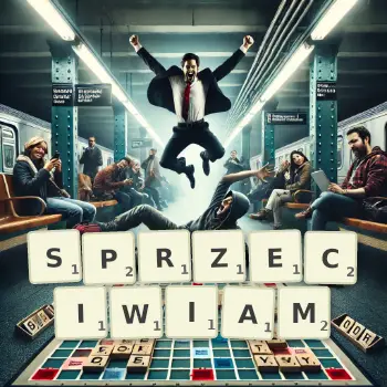 Kreatywna ilustracja do gry w Scrabble ze słowem SPRZECIWIAM ułożonym z płytek na planszy.
