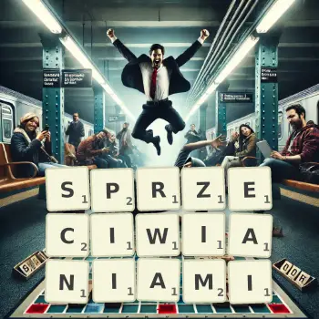 Kreatywna ilustracja do gry w Scrabble ze słowem SPRZECIWIANIAMI ułożonym z płytek na planszy.