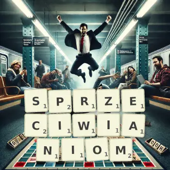Kreatywna ilustracja do gry w Scrabble ze słowem SPRZECIWIANIOM ułożonym z płytek na planszy.