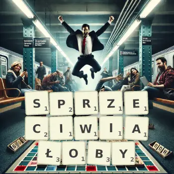 Kreatywna ilustracja do gry w Scrabble ze słowem SPRZECIWIAŁOBY ułożonym z płytek na planszy.