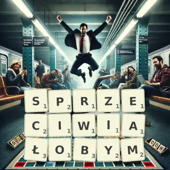 Kreatywna ilustracja do gry w Scrabble ze słowem SPRZECIWIAŁOBYM ułożonym z płytek na planszy.