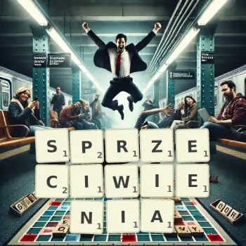 Kreatywna ilustracja do gry w Scrabble ze słowem SPRZECIWIENIA ułożonym z płytek na planszy.