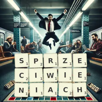 Kreatywna ilustracja do gry w Scrabble ze słowem SPRZECIWIENIACH ułożonym z płytek na planszy.