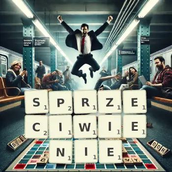 Kreatywna ilustracja do gry w Scrabble ze słowem SPRZECIWIENIE ułożonym z płytek na planszy.