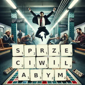 Kreatywna ilustracja do gry w Scrabble ze słowem SPRZECIWILABYM ułożonym z płytek na planszy.