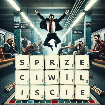 Kreatywna ilustracja do gry w Scrabble ze słowem SPRZECIWILIŚCIE ułożonym z płytek na planszy.