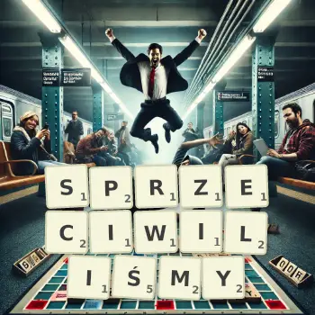 Kreatywna ilustracja do gry w Scrabble ze słowem SPRZECIWILIŚMY ułożonym z płytek na planszy.