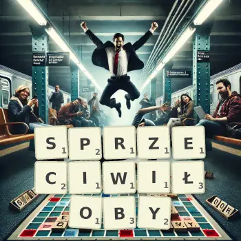 Kreatywna ilustracja do gry w Scrabble ze słowem SPRZECIWIŁOBY ułożonym z płytek na planszy.