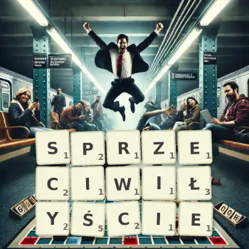 Kreatywna ilustracja do gry w Scrabble ze słowem SPRZECIWIŁYŚCIE ułożonym z płytek na planszy.