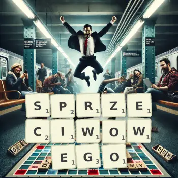 Kreatywna ilustracja do gry w Scrabble ze słowem SPRZECIWOWEGO ułożonym z płytek na planszy.