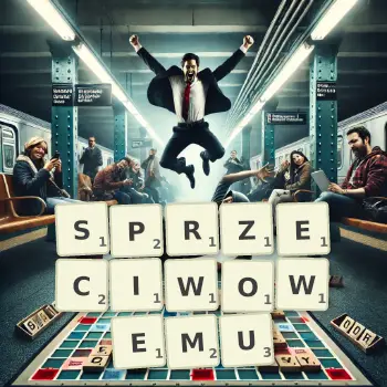 Kreatywna ilustracja do gry w Scrabble ze słowem SPRZECIWOWEMU ułożonym z płytek na planszy.