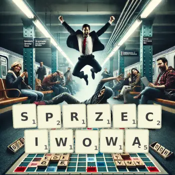Kreatywna ilustracja do gry w Scrabble ze słowem SPRZECIWOWĄ ułożonym z płytek na planszy.