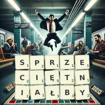 Kreatywna ilustracja do gry w Scrabble ze słowem SPRZECIĘTNIAŁBY ułożonym z płytek na planszy.