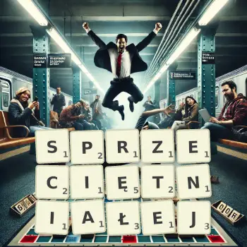 Kreatywna ilustracja do gry w Scrabble ze słowem SPRZECIĘTNIAŁEJ ułożonym z płytek na planszy.