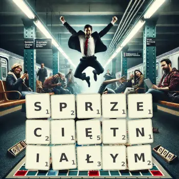 Kreatywna ilustracja do gry w Scrabble ze słowem SPRZECIĘTNIAŁYM ułożonym z płytek na planszy.
