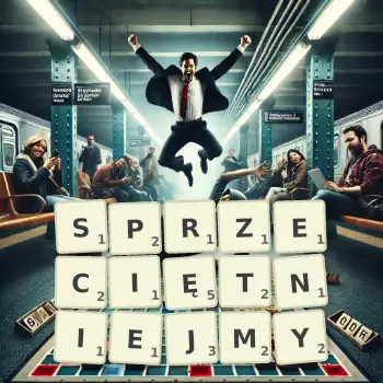 Kreatywna ilustracja do gry w Scrabble ze słowem SPRZECIĘTNIEJMY ułożonym z płytek na planszy.