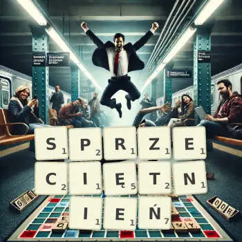 Kreatywna ilustracja do gry w Scrabble ze słowem SPRZECIĘTNIEŃ ułożonym z płytek na planszy.