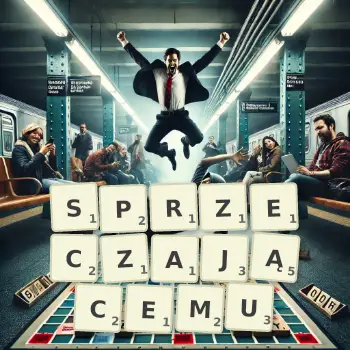 Kreatywna ilustracja do gry w Scrabble ze słowem SPRZECZAJĄCEMU ułożonym z płytek na planszy.