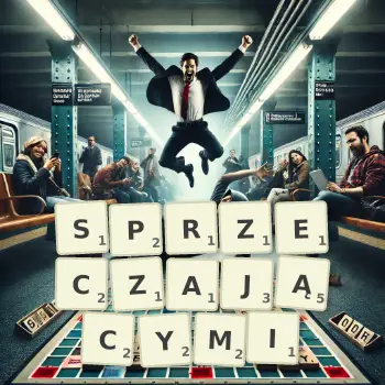 Kreatywna ilustracja do gry w Scrabble ze słowem SPRZECZAJĄCYMI ułożonym z płytek na planszy.
