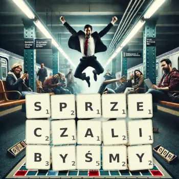 Kreatywna ilustracja do gry w Scrabble ze słowem SPRZECZALIBYŚMY ułożonym z płytek na planszy.