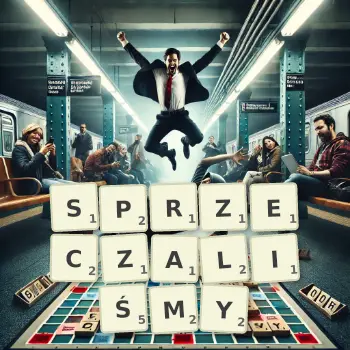 Kreatywna ilustracja do gry w Scrabble ze słowem SPRZECZALIŚMY ułożonym z płytek na planszy.