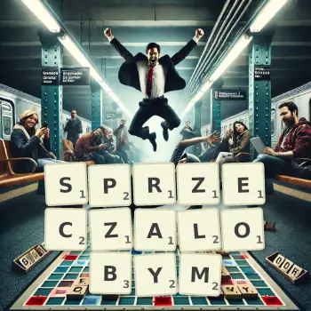 Kreatywna ilustracja do gry w Scrabble ze słowem SPRZECZALOBYM ułożonym z płytek na planszy.