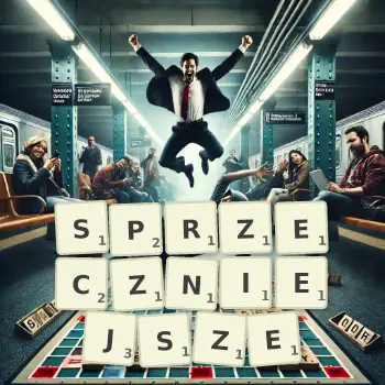 Kreatywna ilustracja do gry w Scrabble ze słowem SPRZECZNIEJSZE ułożonym z płytek na planszy.